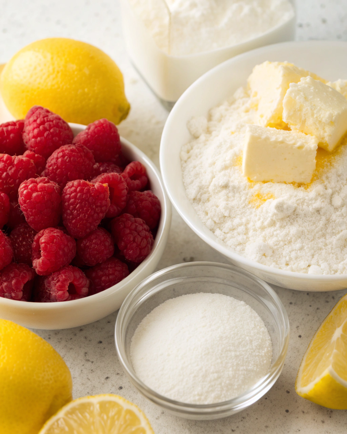 Ingredients for Raspberry Lemon Yogurt Crumble Bars including raspberries, flour, yogurt, and lemon.