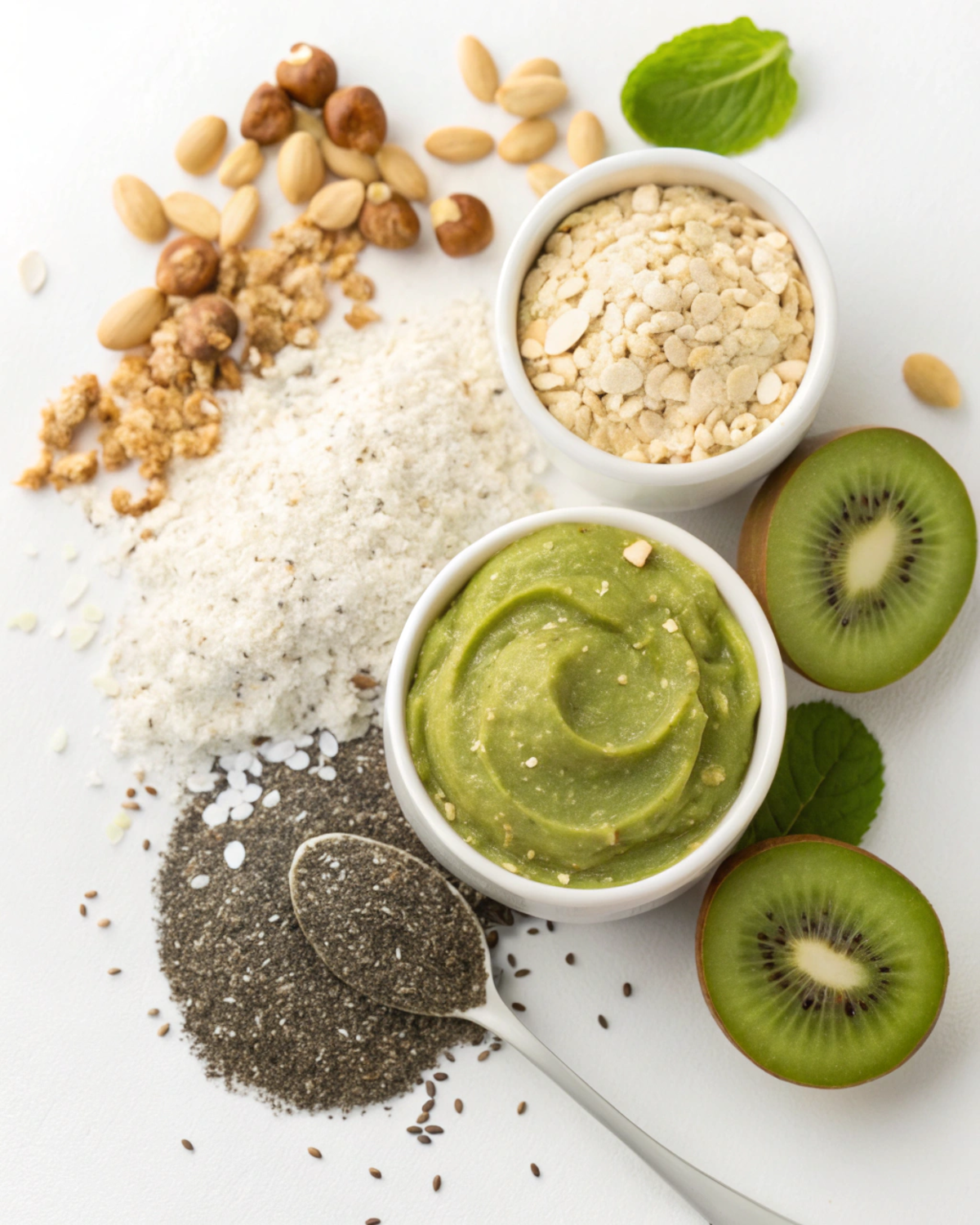"Ingredients for Coconut Matcha Energy Bites including rolled oats, shredded coconut, matcha powder, and nut butter.
