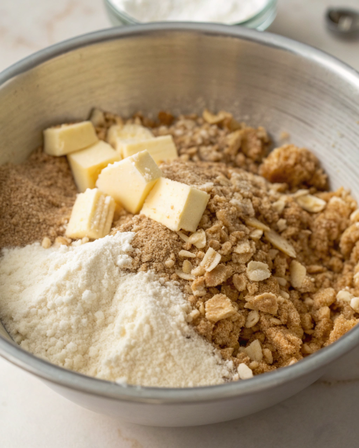 Preparing the crumble topping for Cranberry Cinnamon Crumble Loaf in a small bowl.