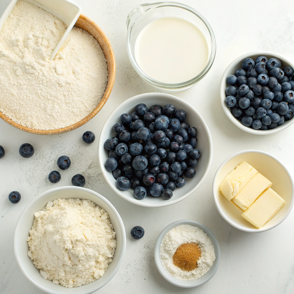 Ingredients for Blueberry Buttermilk Crumb Pie, including fresh blueberries, buttermilk, flour, and sugars.