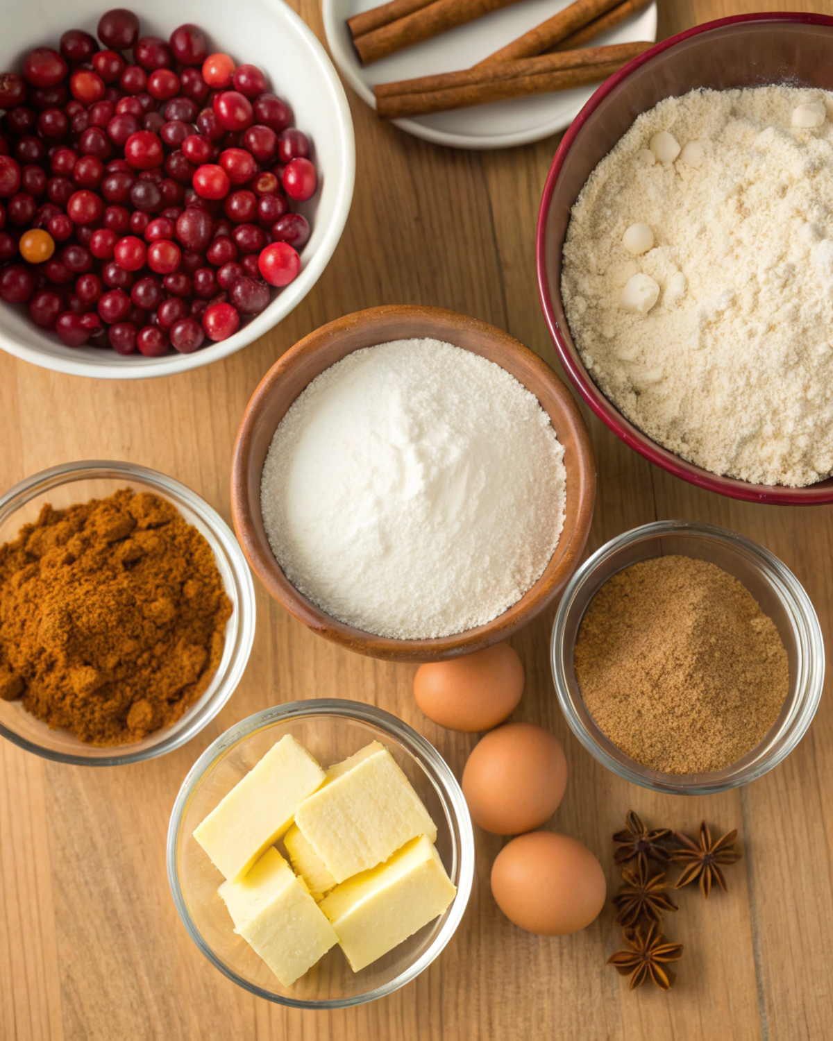 Ingredients for Cranberry Cinnamon Crumble Loaf displayed on a wooden countertop.