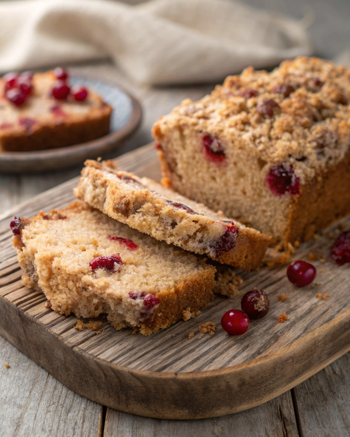 Slices of Cranberry Cinnamon Crumble Loaf on a rustic plate.