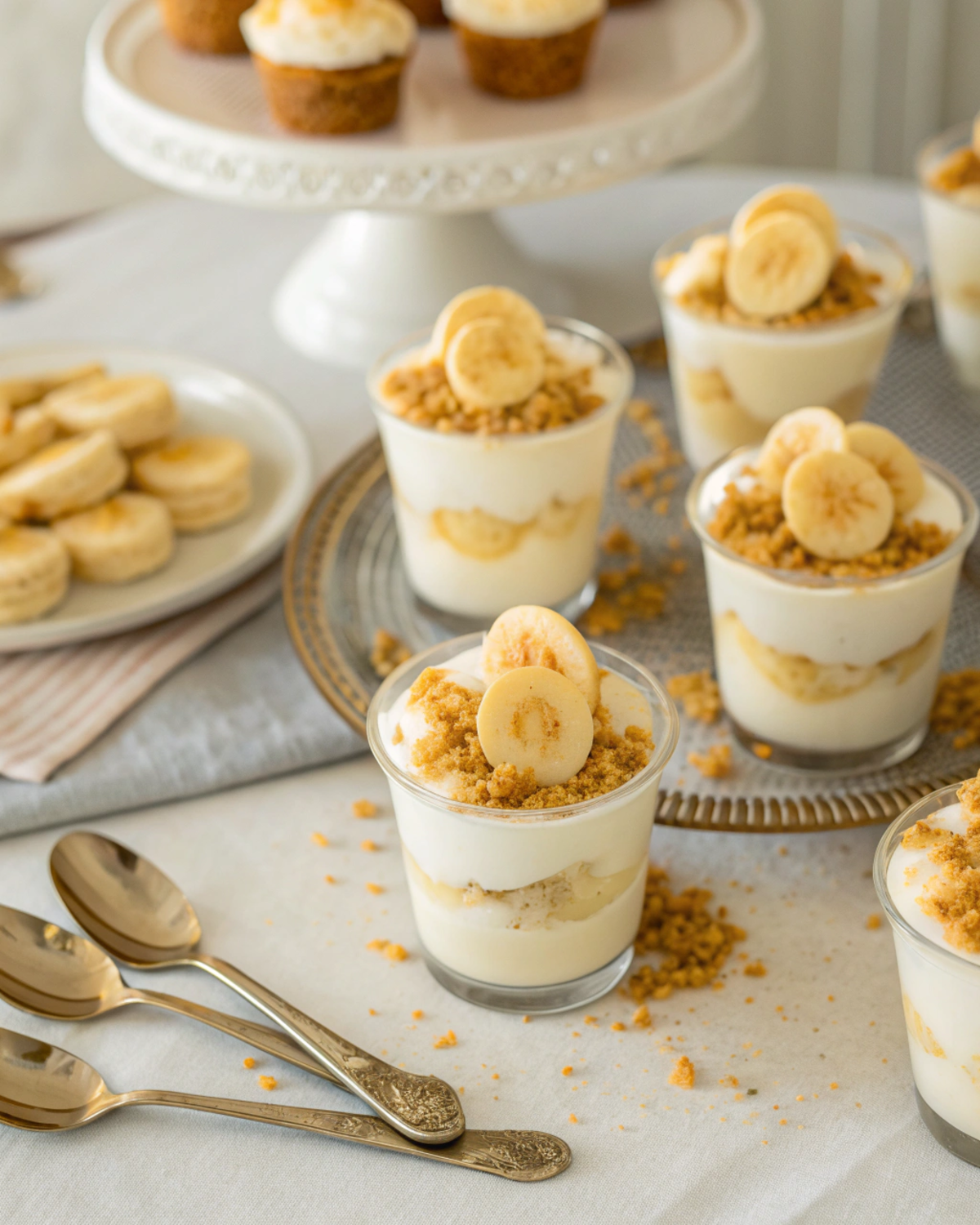 Banana Pudding Cheesecake Cups styled for dessert table