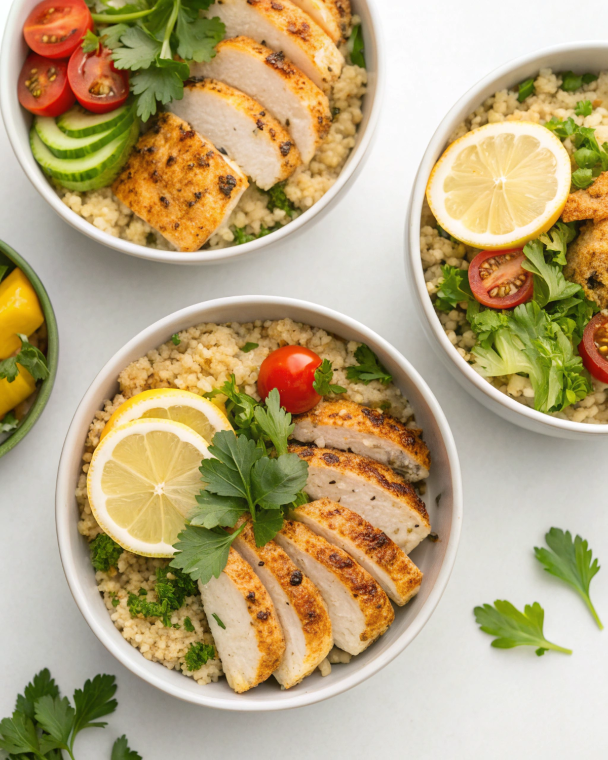 Beautifully plated Lemon Herb Chicken & Quinoa Bowls garnished with fresh herbs and vegetables.