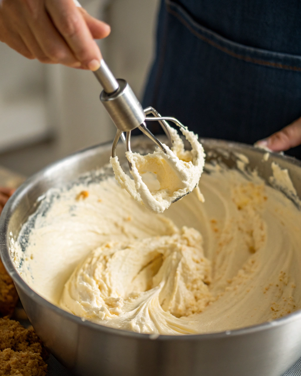 Mixing the creamy cheesecake filling for No-Bake Christmas Mini Cheesecakes.