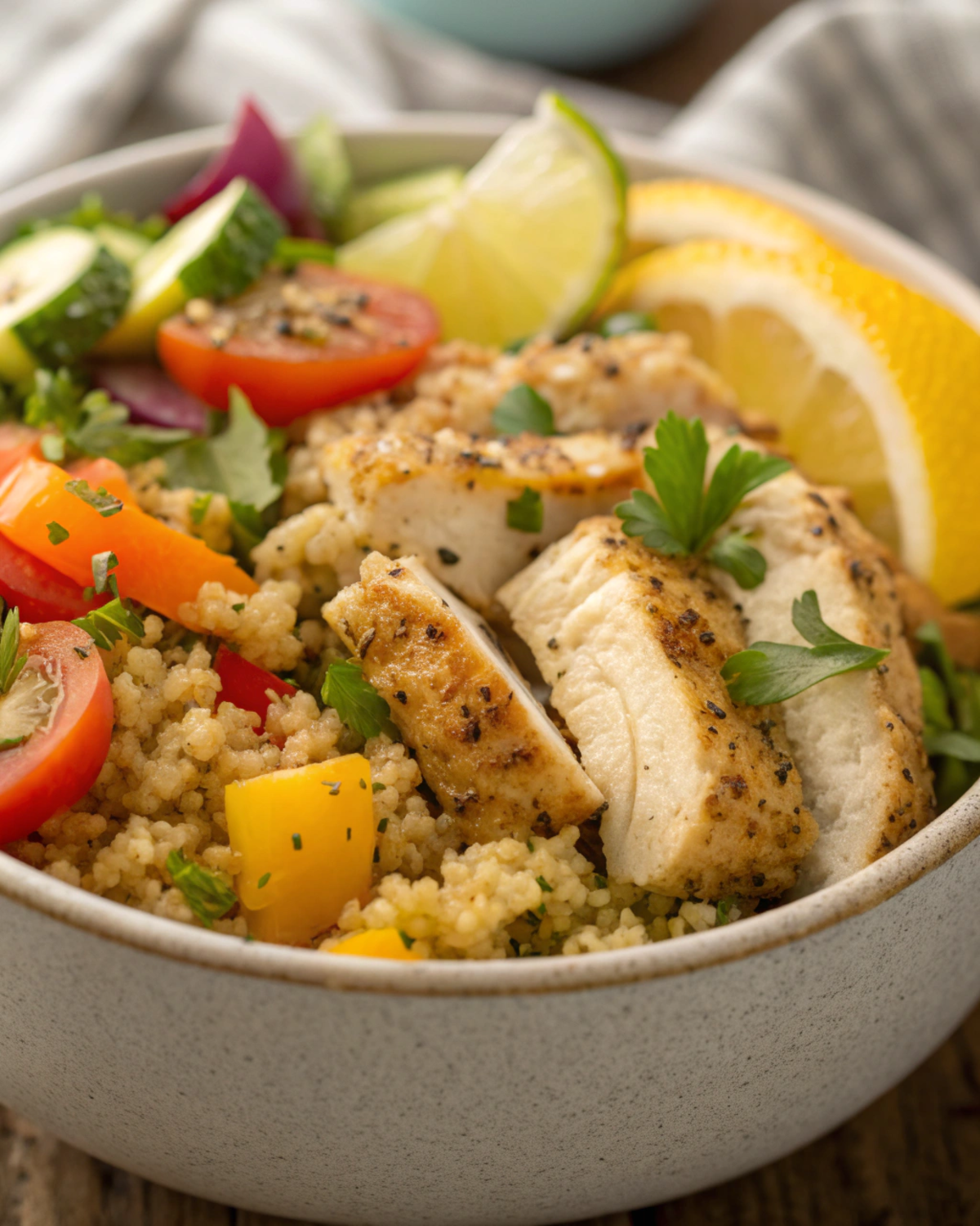 Close-up view of Lemon Herb Chicken & Quinoa Bowls highlighting quinoa, chicken, and fresh vegetables.