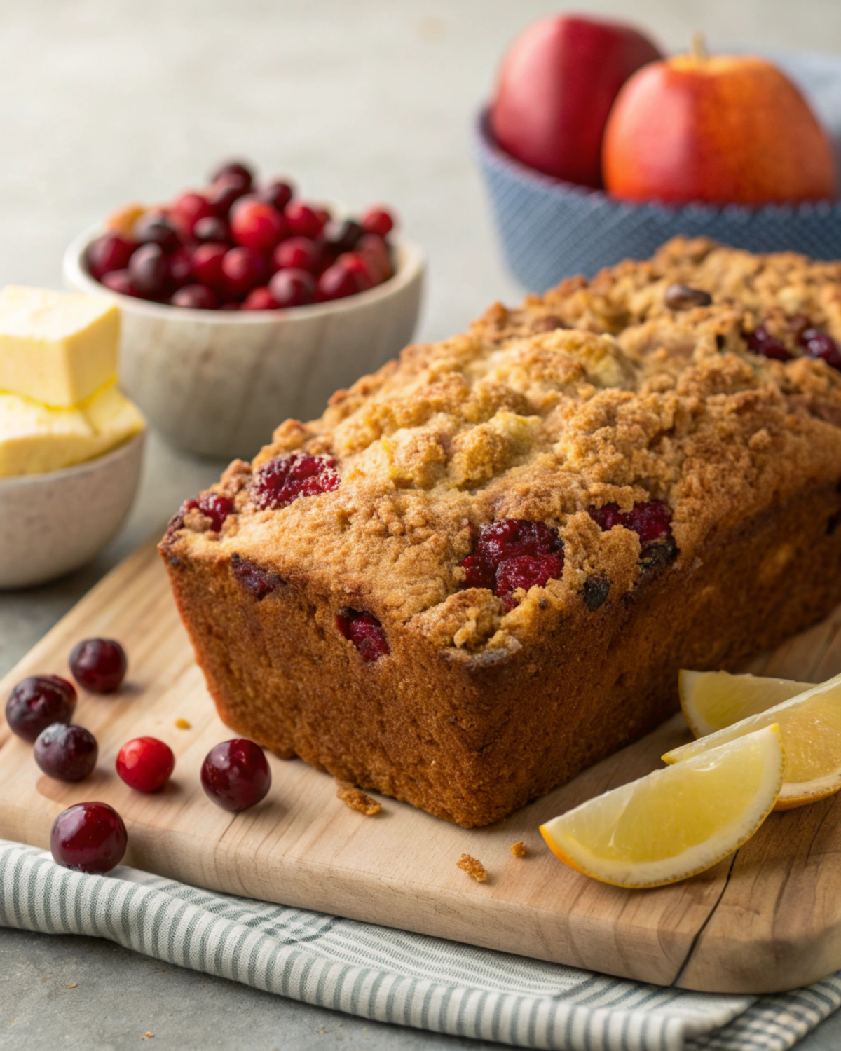 Cranberry Cinnamon Crumble Loaf served with butter and fresh fruit.