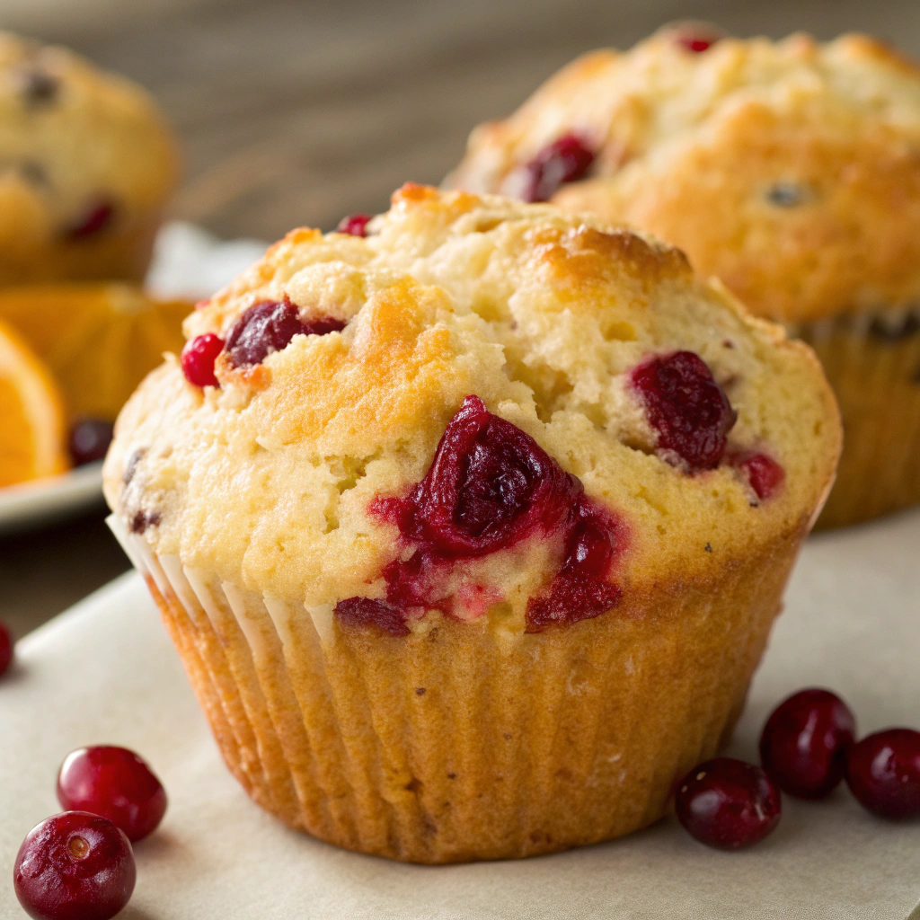 Close-up view of a Cranberry Orange Dream Muffin revealing its fluffy texture and cranberries