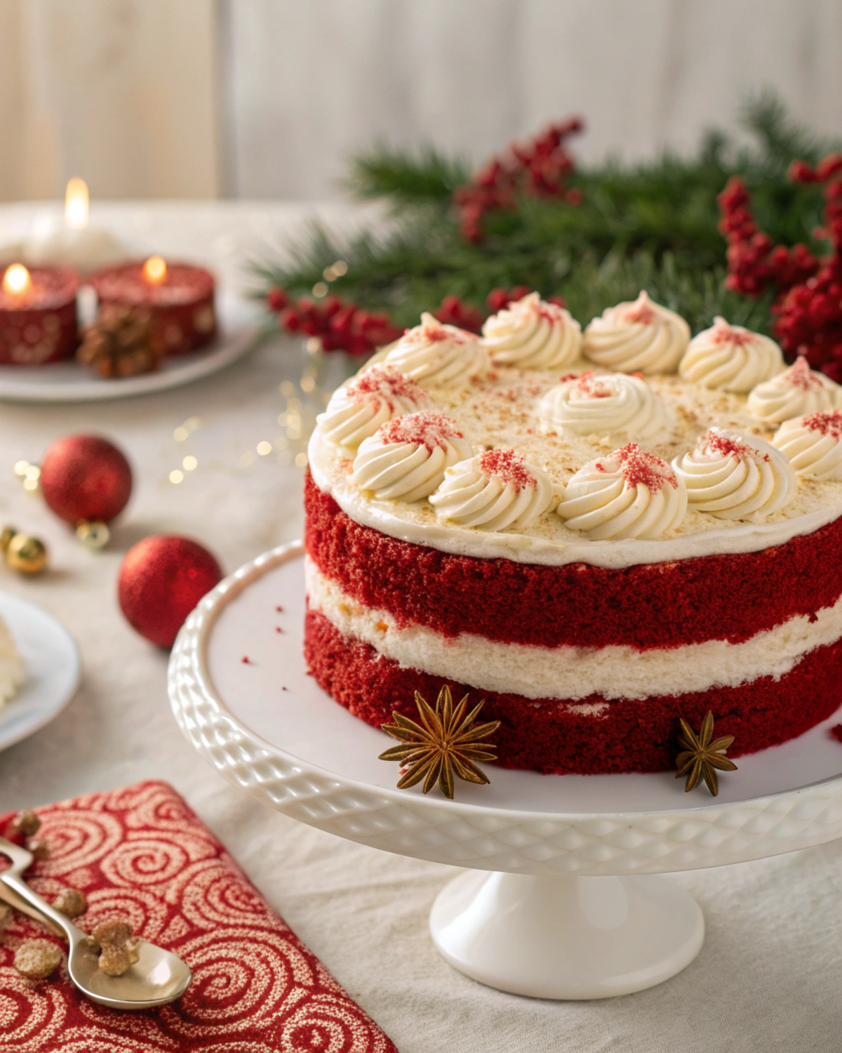Beautifully decorated Red Velvet Christmas Cake with White Buttercream Frosting adorned with festive sprinkles .