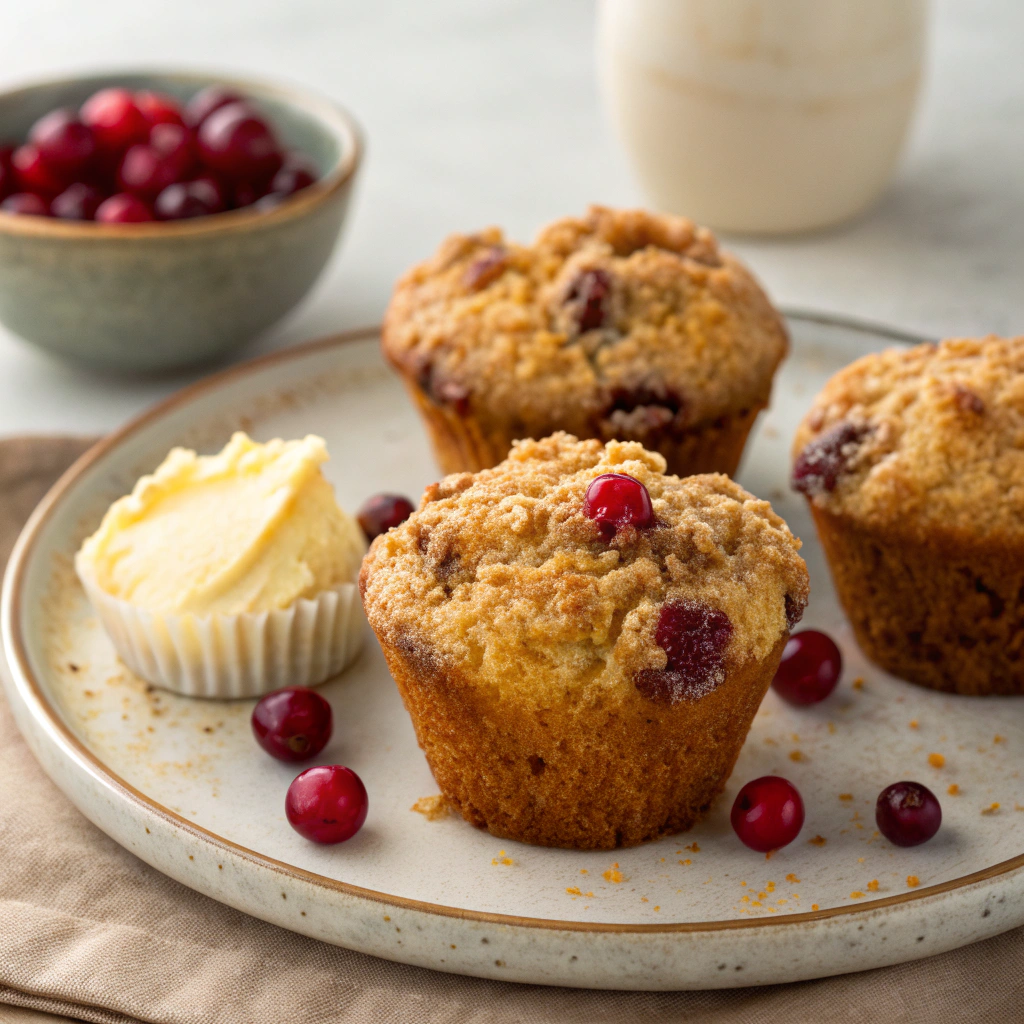 Cranberry Orange Dream Muffins served on a plate with a side of butter