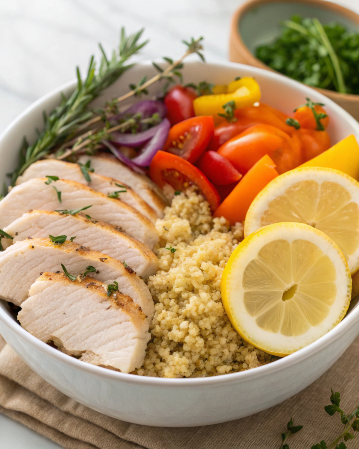 Fresh ingredients for Lemon Herb Chicken & Quinoa Bowls, including chicken, quinoa, vegetables, and herbs.
