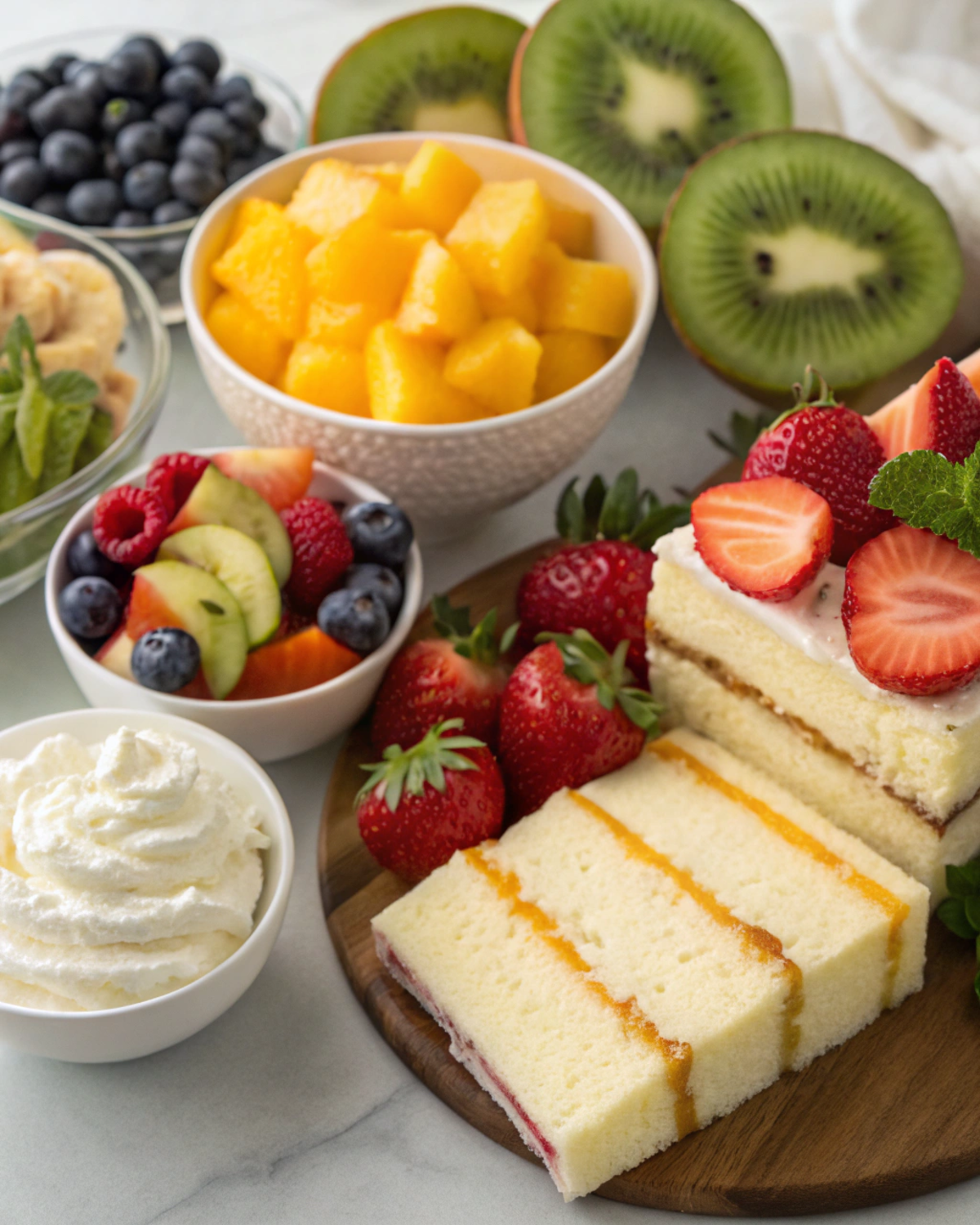 Fresh ingredients for trifle recipes, including fruits, cake, and creams.