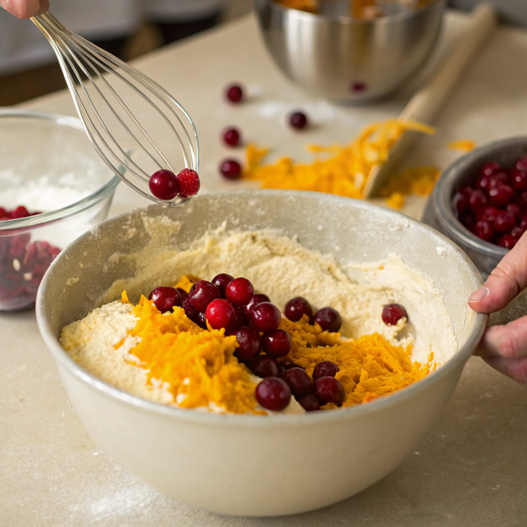 Mixing batter for Cranberry Orange Dream Muffins in a mixing bowl.