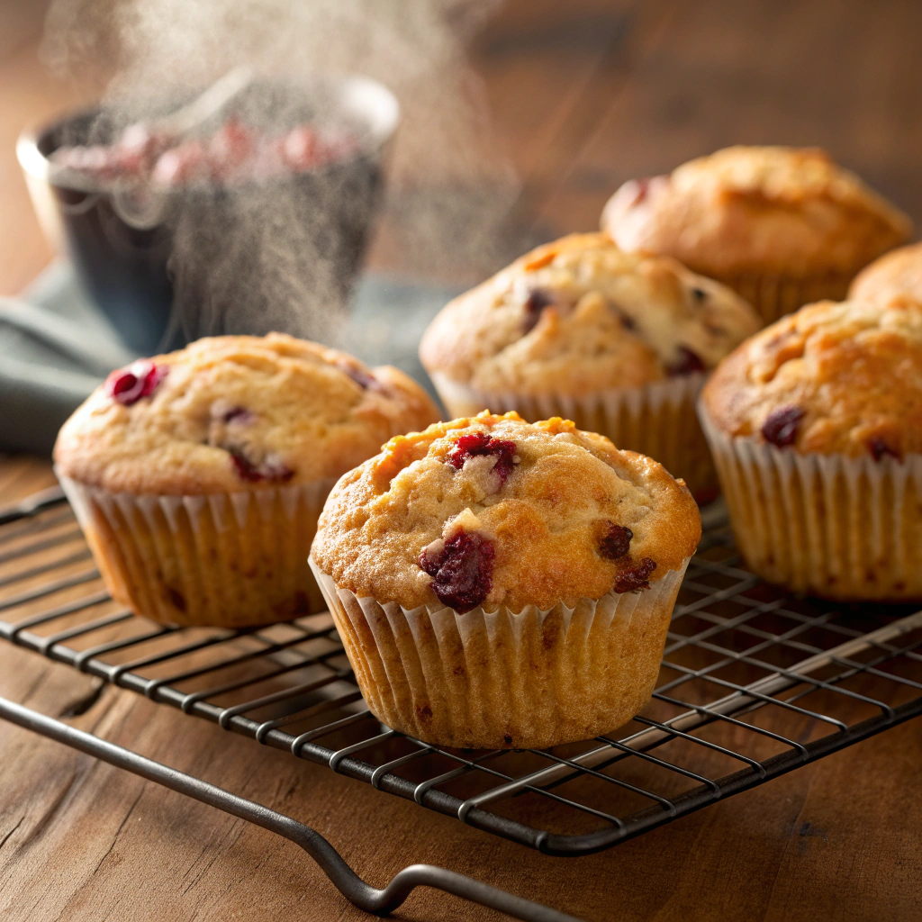 Freshly baked Cranberry Orange Dream Muffins on a cooling rack.