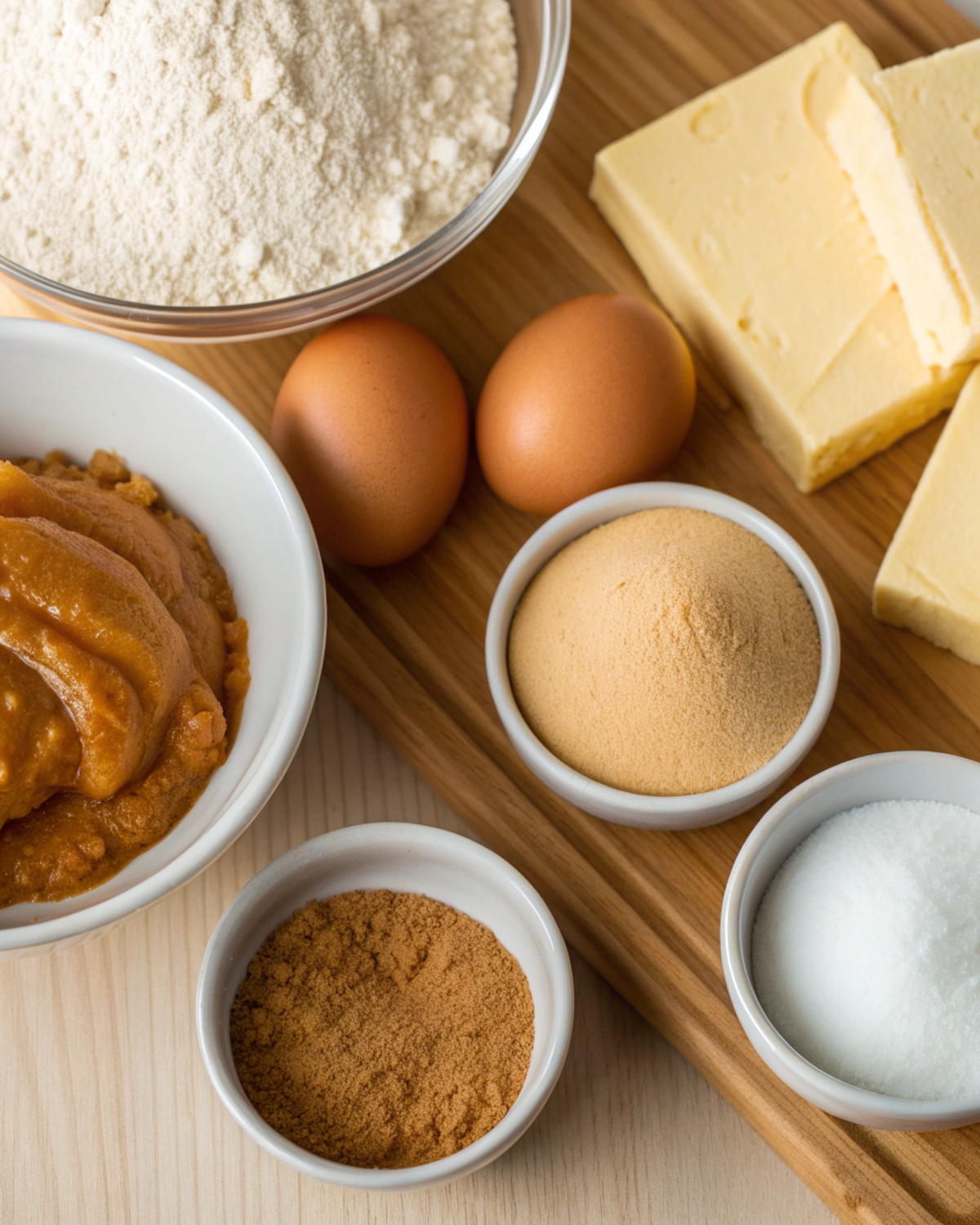 Ingredients for Brown Sugar Caramel Pound Cake including brown sugar, butter, eggs, and flour.