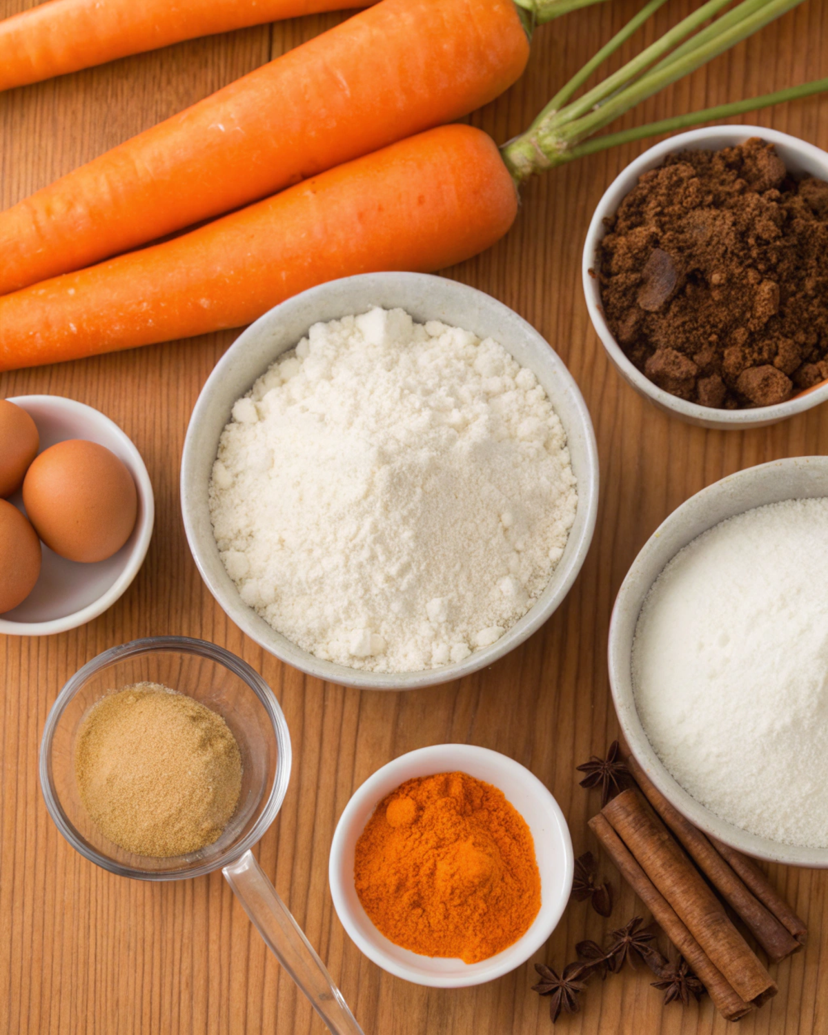 Ingredients for Carrot Cake Bars with Cream Cheese Frosting, including carrots, flour, sugar, and spices