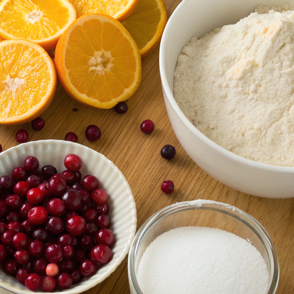 Ingredients for Cranberry Orange Dream Muffins including flour, cranberries, oranges, and sugar