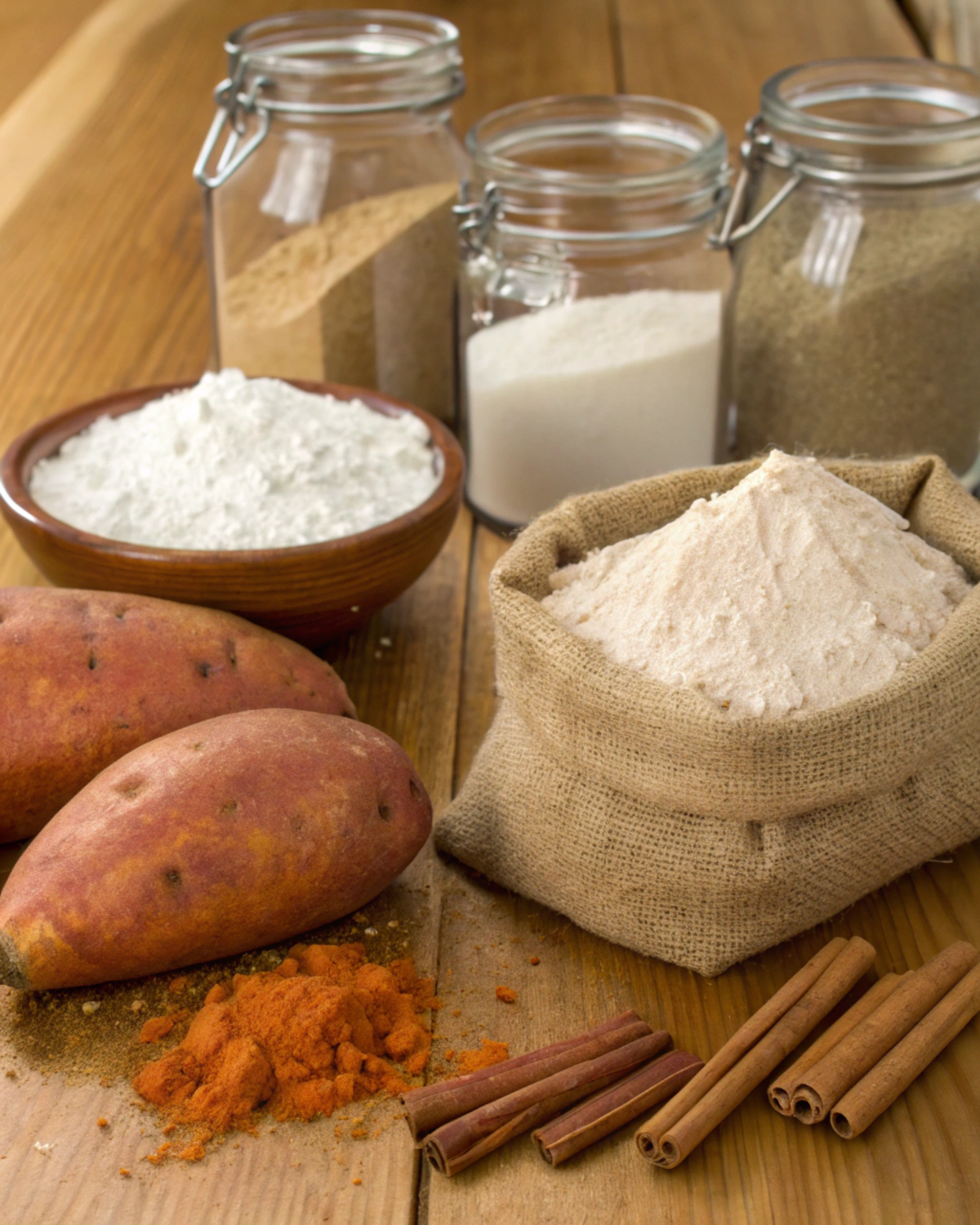 Ingredients for Sweet Potato Cinnamon Roll Cake including sweet potatoes, flour, sugar, and spices.