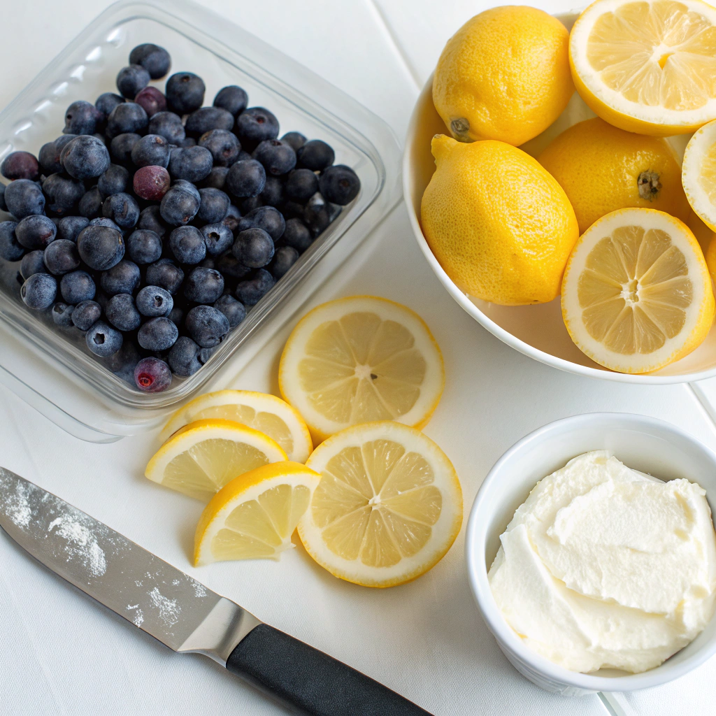 Ingredients for Tangy Lemon Cream Cheese Dessert including cream cheese, lemon, blueberries, and sugar