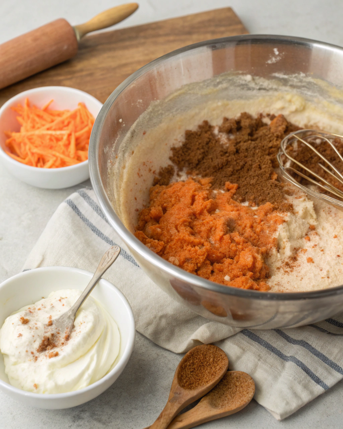 Mixing batter for Carrot Cake Bars with Cream Cheese Frosting in a mixing bowl