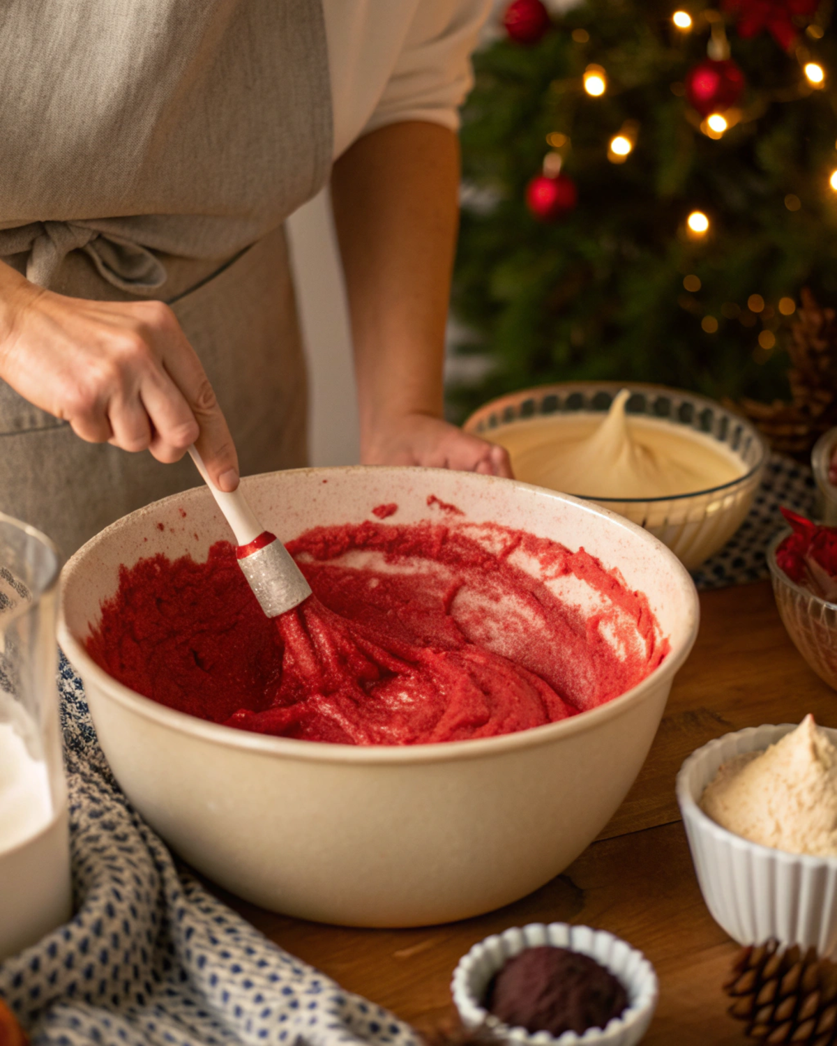 Mixing cake batter for Red Velvet Christmas Cake