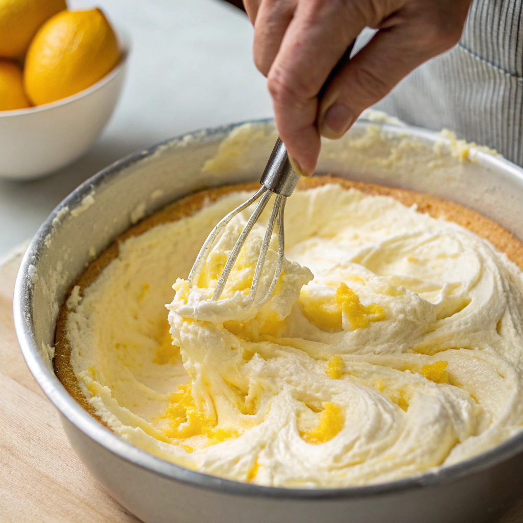 Mixing the cream cheese filling for Tangy Lemon Cream Cheese Dessert.