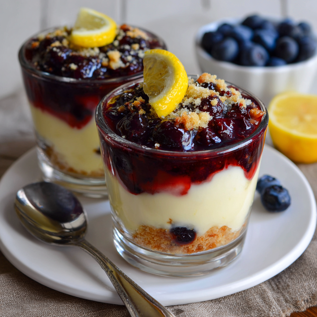 Close-up of Tangy Lemon Cream Cheese Dessert showcasing the creamy filling and blueberry topping.
