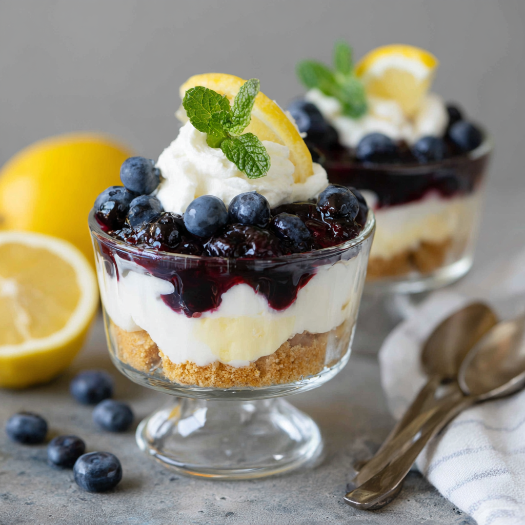 A slice of Tangy Lemon Cream Cheese Dessert served on a plate with blueberries.