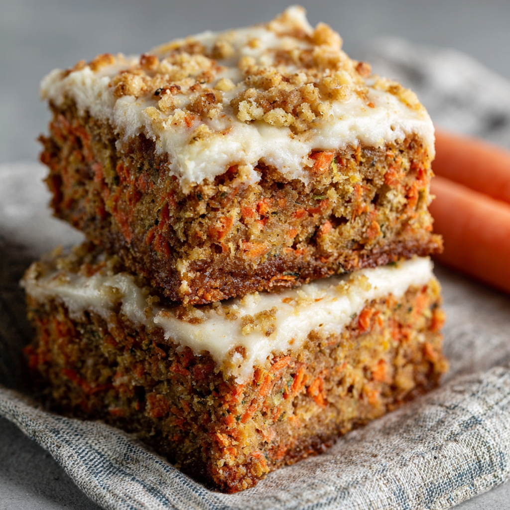 Carrot Cake Bars with Cream Cheese Frosting served on a decorative plate.