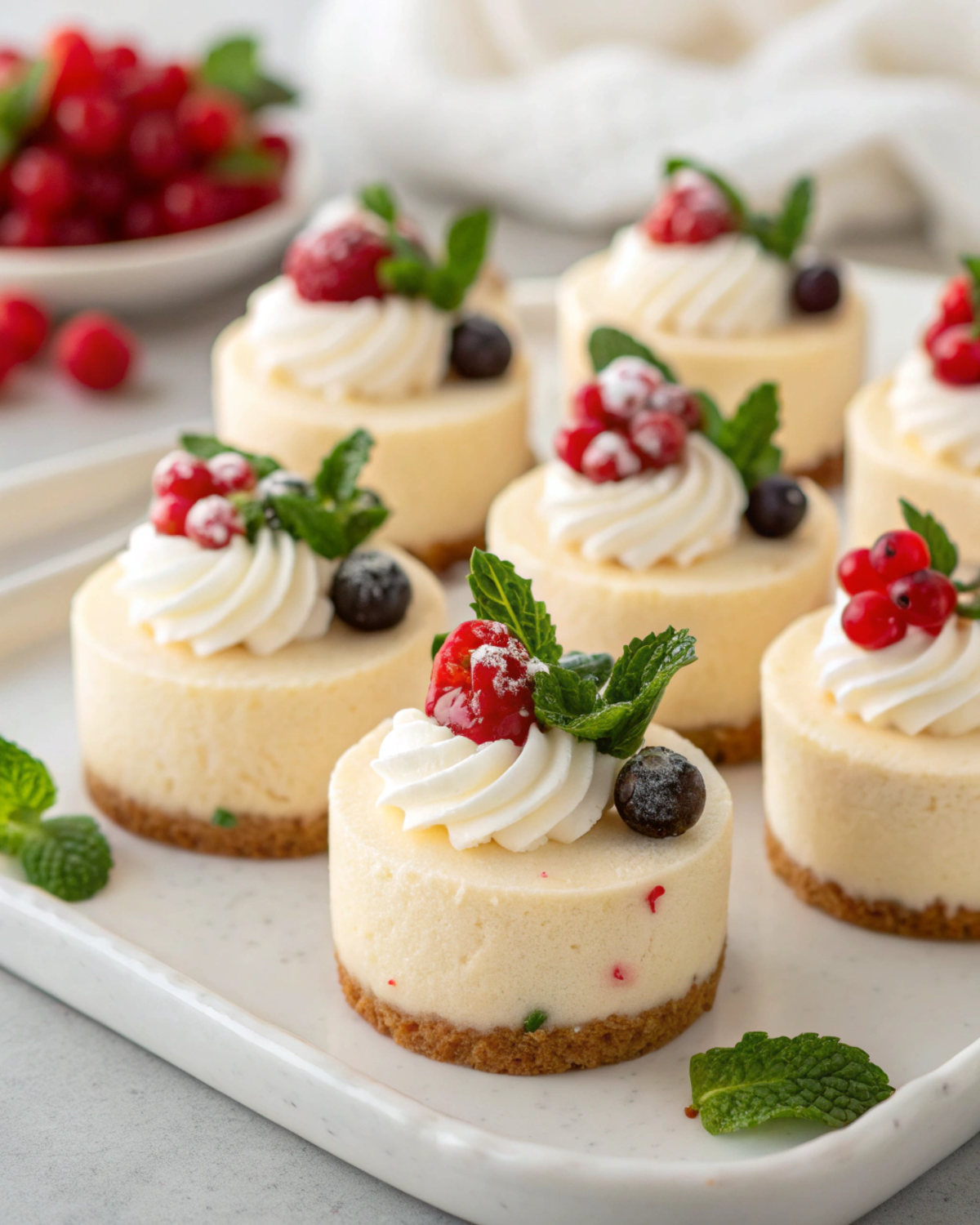 Served No-Bake Christmas Mini Cheesecakes decorated with berries and whipped cream.