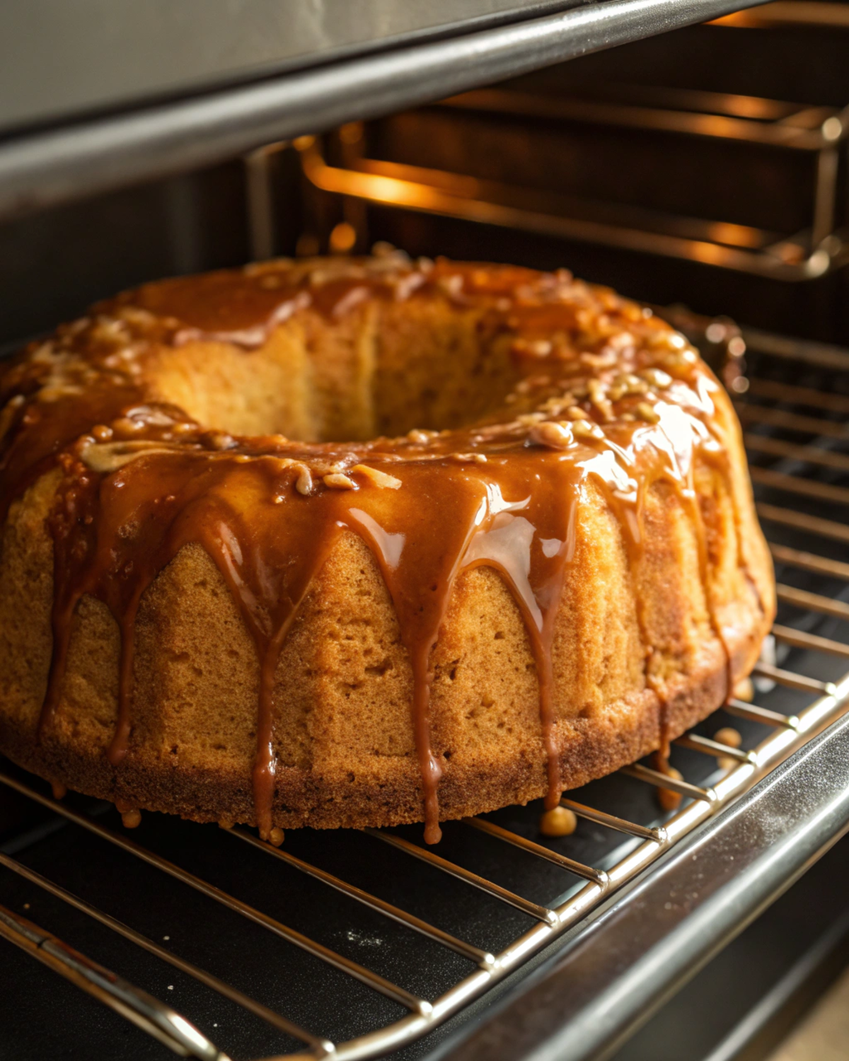 Brown Sugar Caramel Pound Cake baking in the oven.