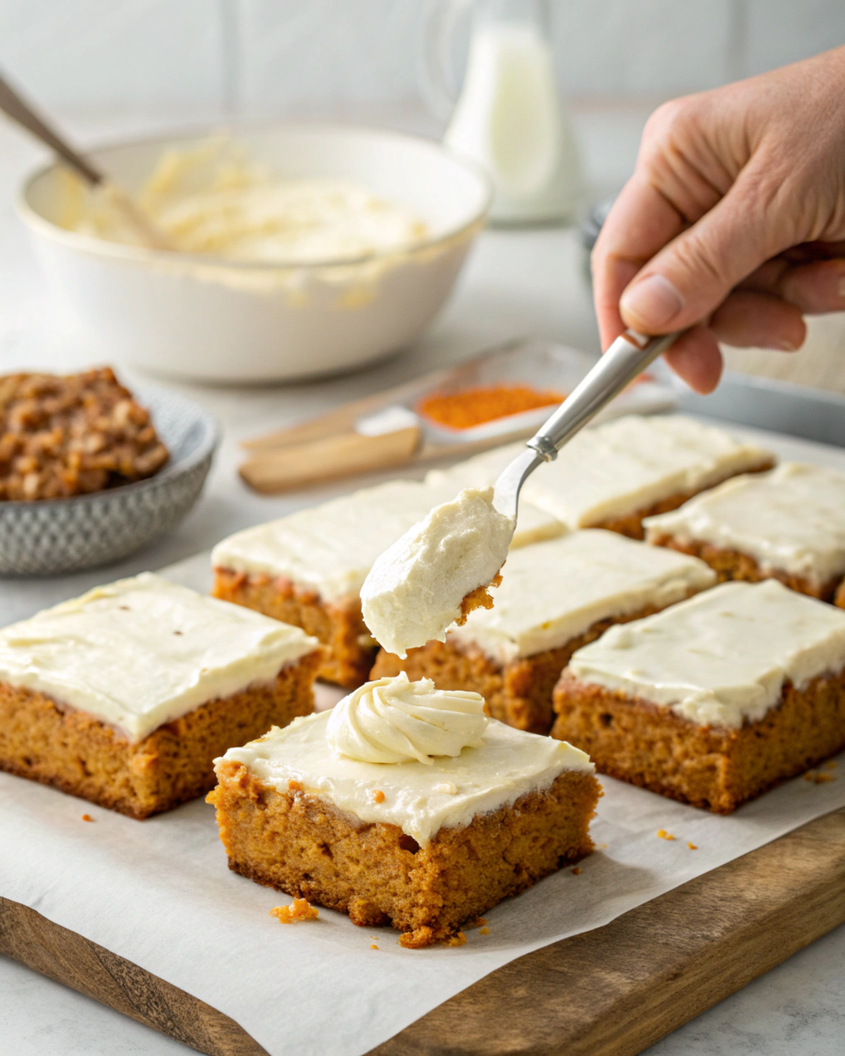 Spreading cream cheese frosting onto Carrot Cake Bars.