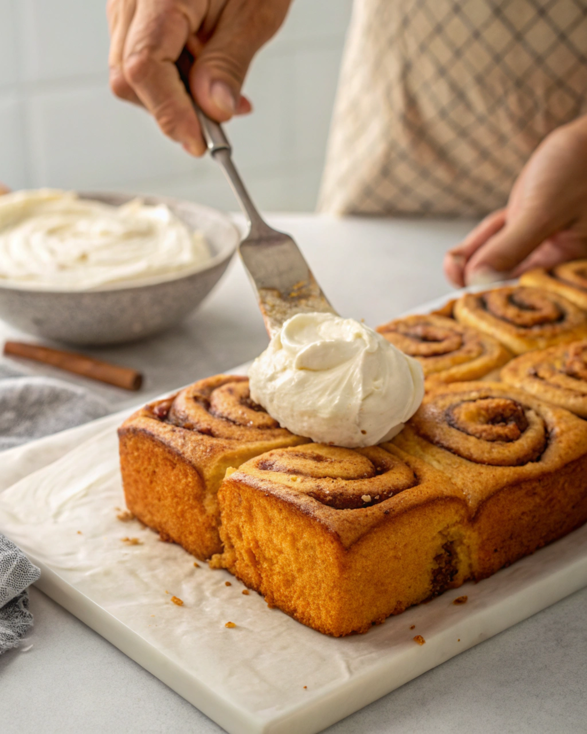 Spreading cream cheese frosting over Sweet Potato Cinnamon Roll Cake.