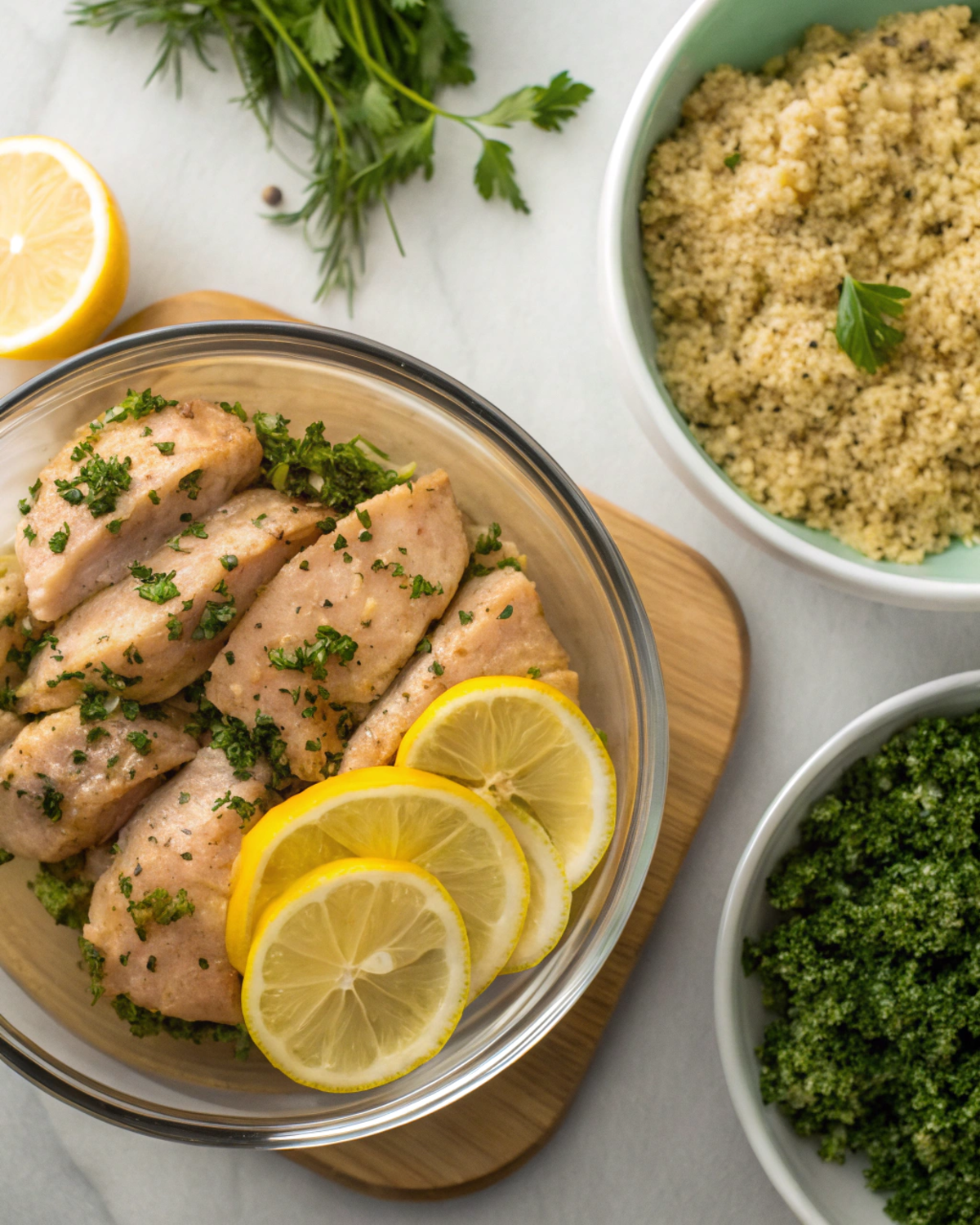 Step-by-step preparation of Lemon Herb Chicken & Quinoa Bowls, showing marinated chicken and cooked quinoa.
