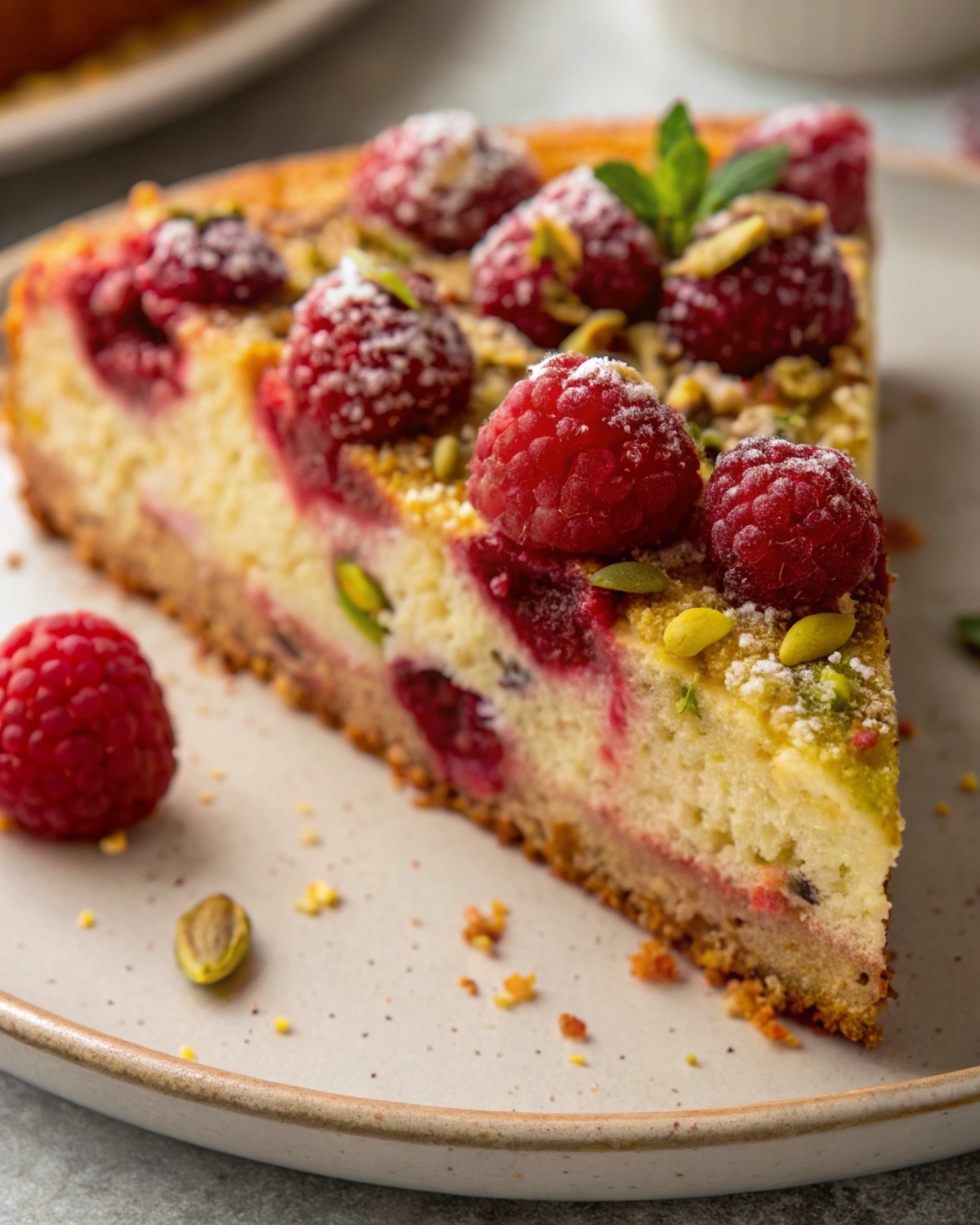 A close-up view of a slice of Raspberry Orange Pistachio Ricotta Cake on a plate, garnished with raspberries.