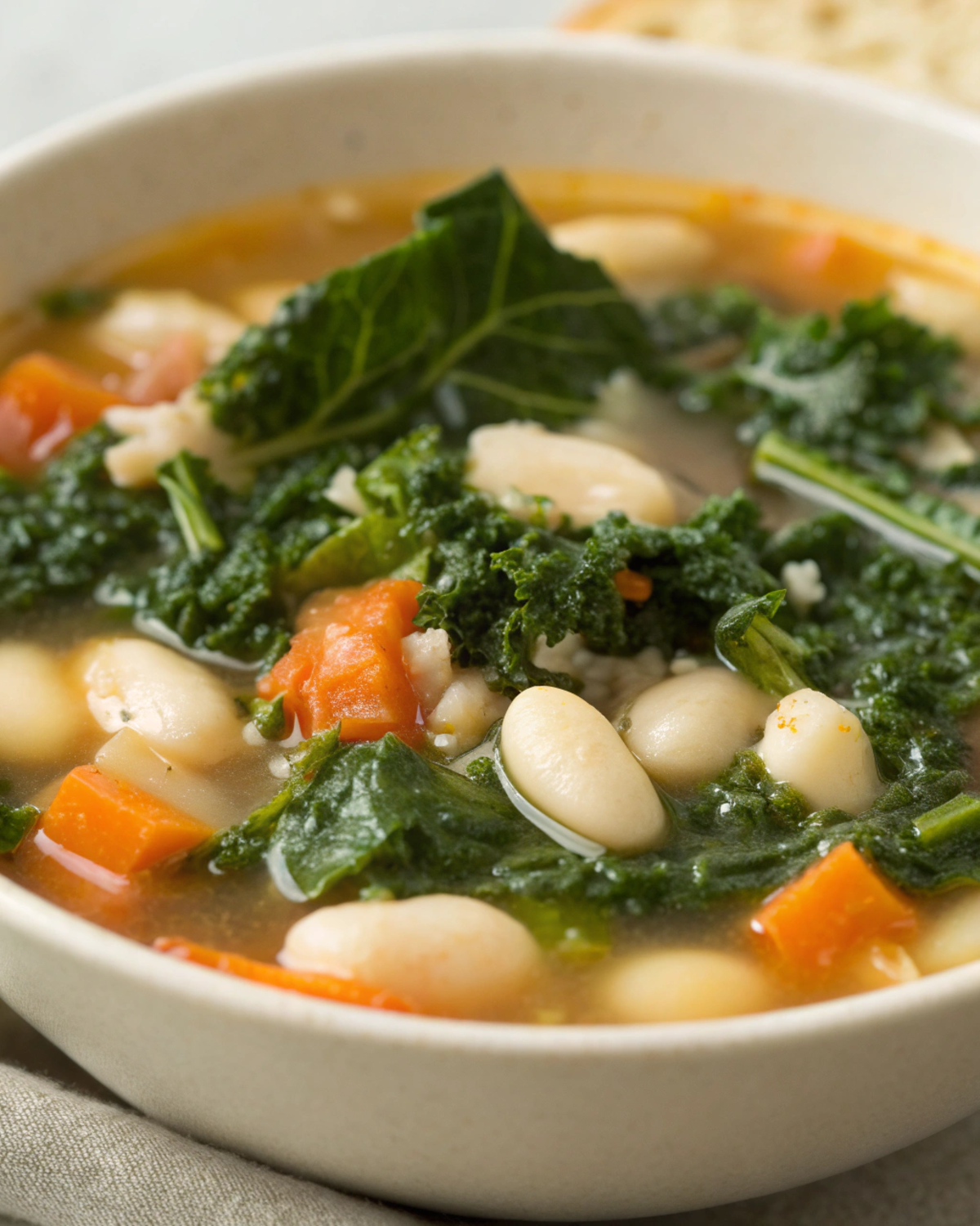 A close-up view of a bowl of Kale & White Bean Soup, highlighting the texture and ingredients.