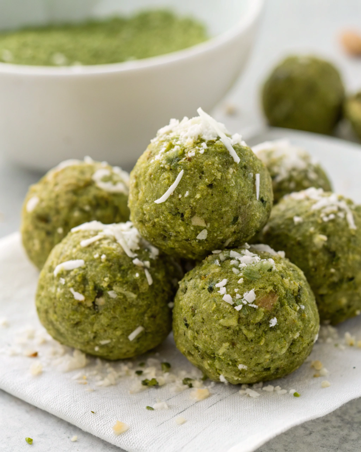 Close-up of a Coconut Matcha Energy Bite highlighting its texture and vibrant green color