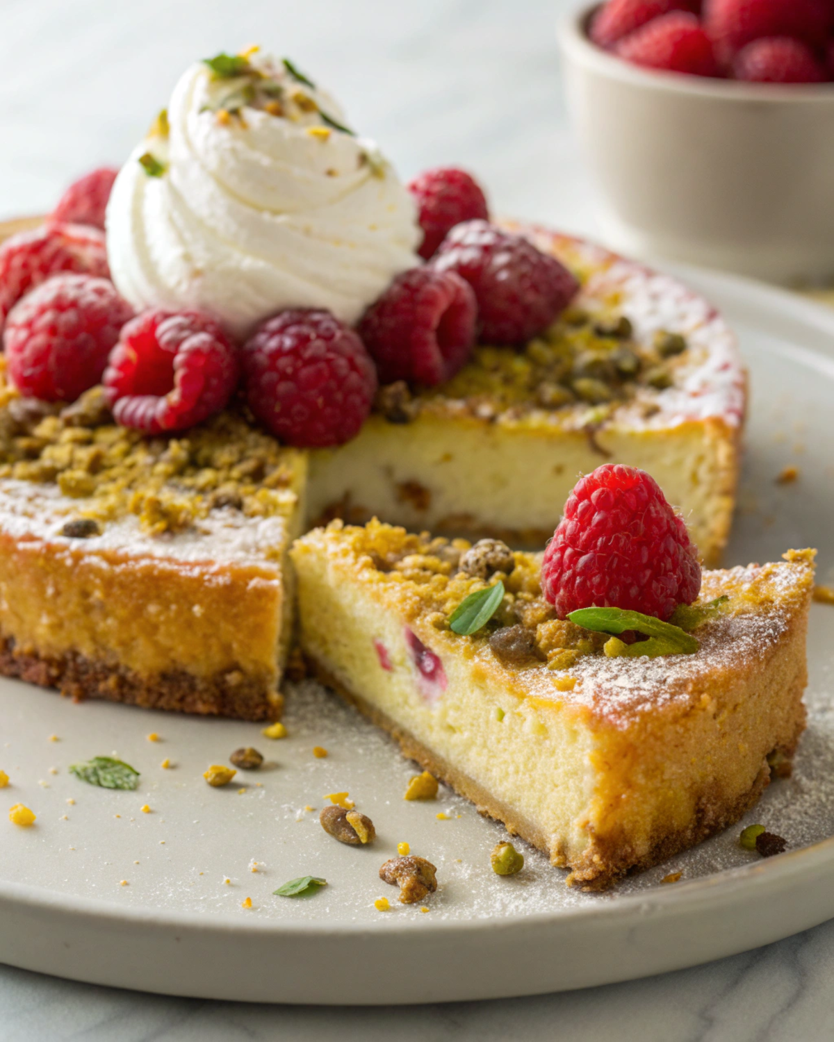 Raspberry Orange Pistachio Ricotta Cake served with whipped cream and fresh raspberries.