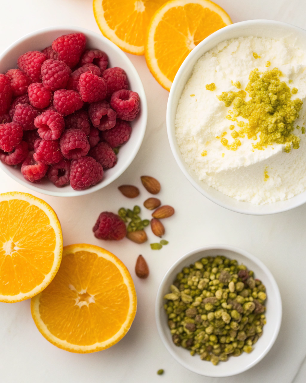 Fresh ingredients for Raspberry Orange Pistachio Ricotta Cake, including ricotta, raspberries, orange, pistachios, and more.