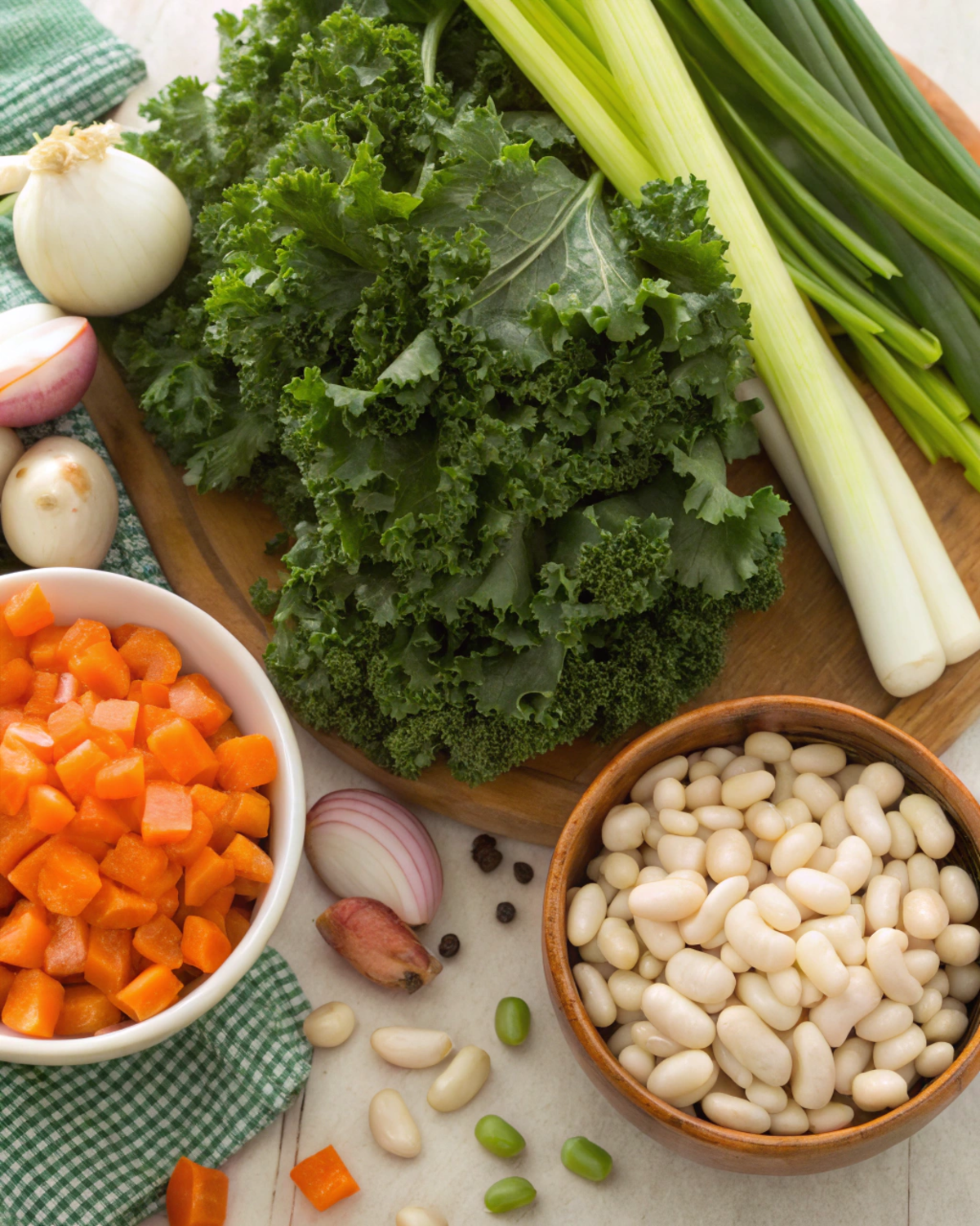 Fresh ingredients for Kale & White Bean Soup, including kale, white beans, vegetables, and herbs.