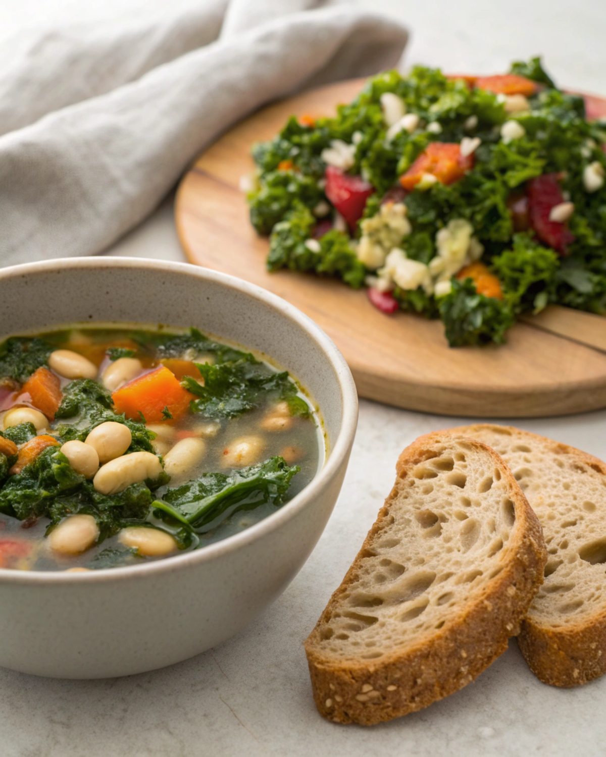 Kale & White Bean Soup served alongside crusty bread and a fresh salad.