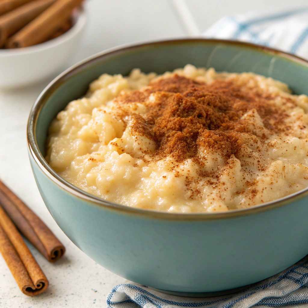 A bowl of Arroz Dulce, a traditional Spanish sweet rice pudding topped with cinnamon.