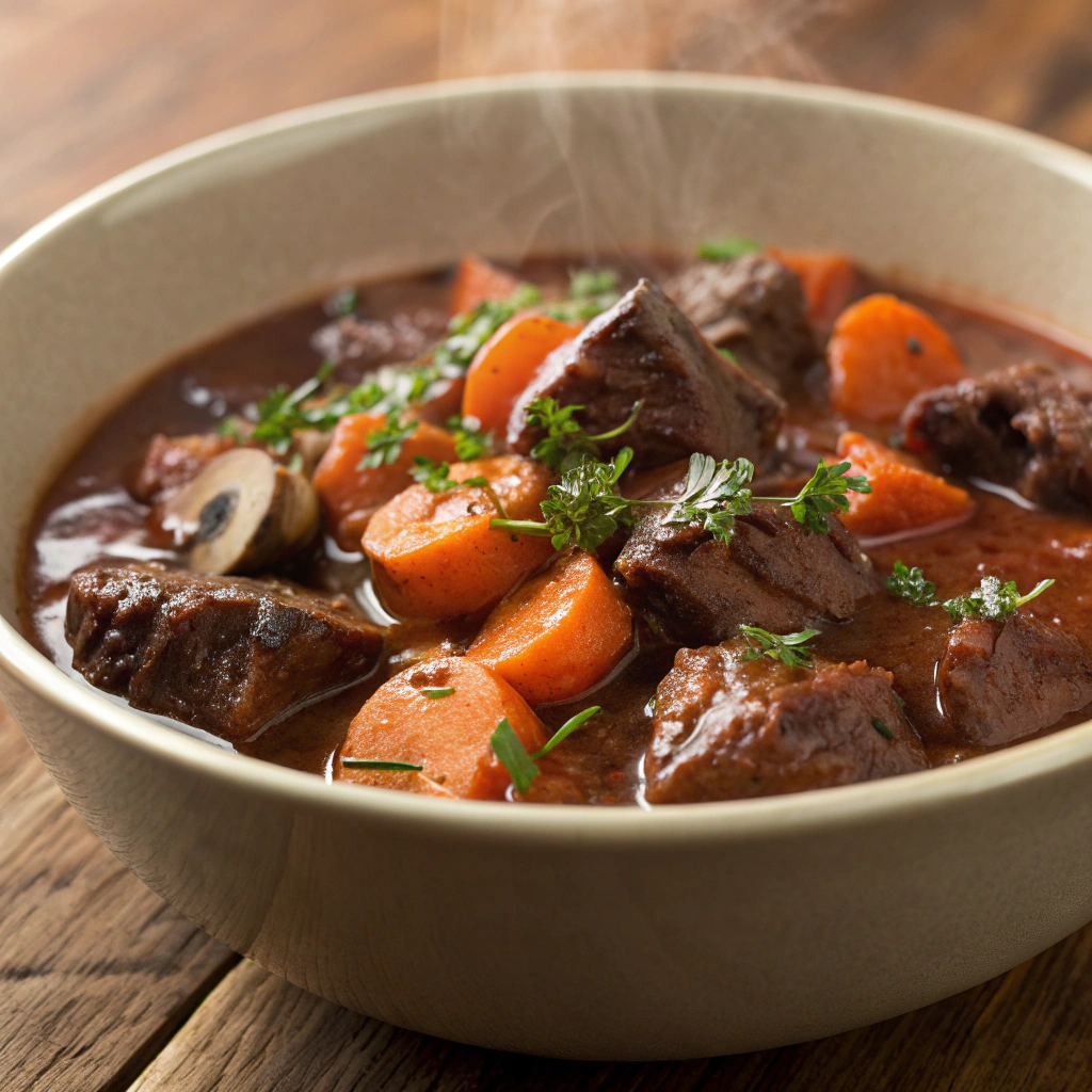 A bowl of rich Boeuf Bourguignon, showcasing tender beef chunks simmered in red wine with carrots and mushrooms.Dinner French Recipes