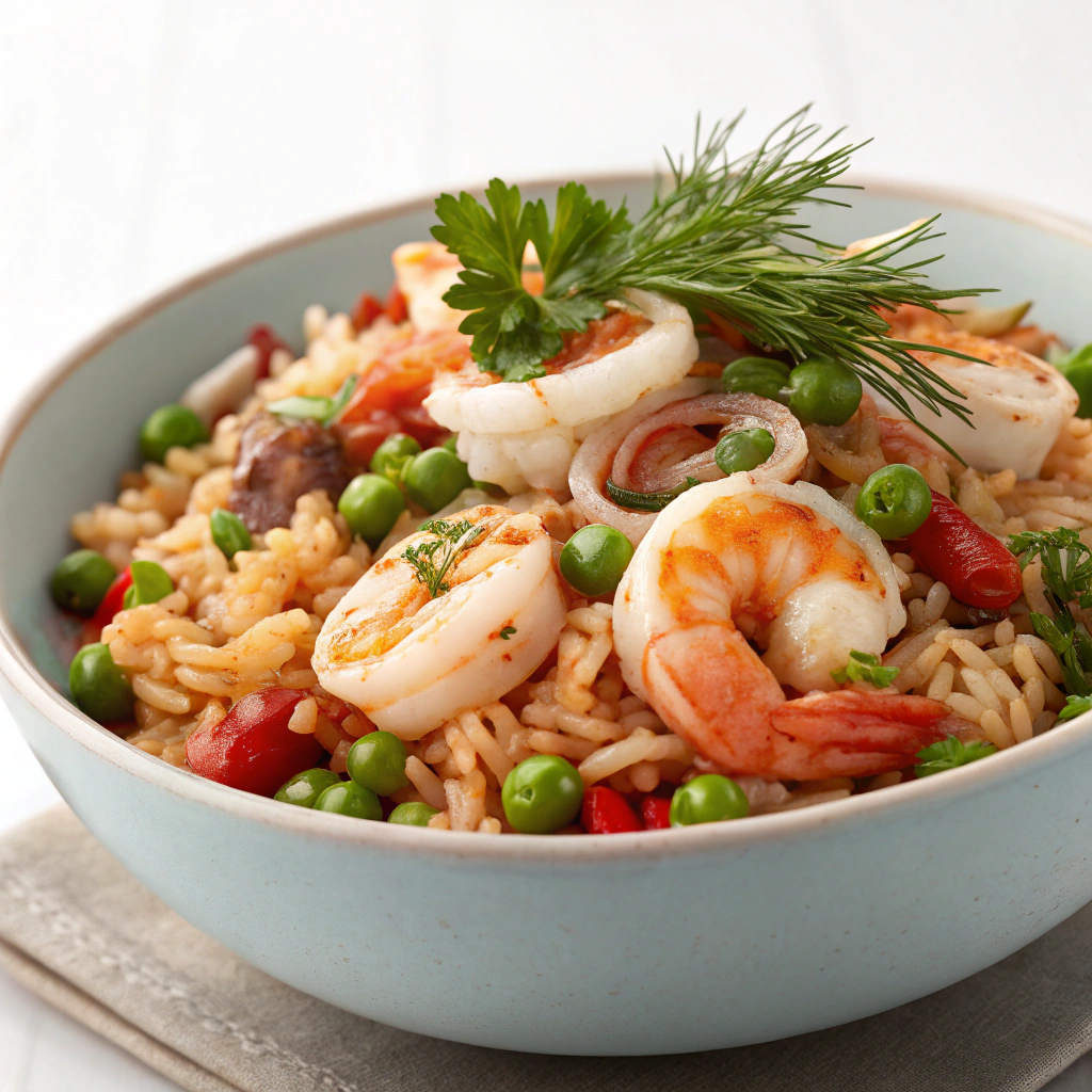 A bowl of Spanish seafood rice with shrimp, squid, and peas, garnished with fresh herbs.