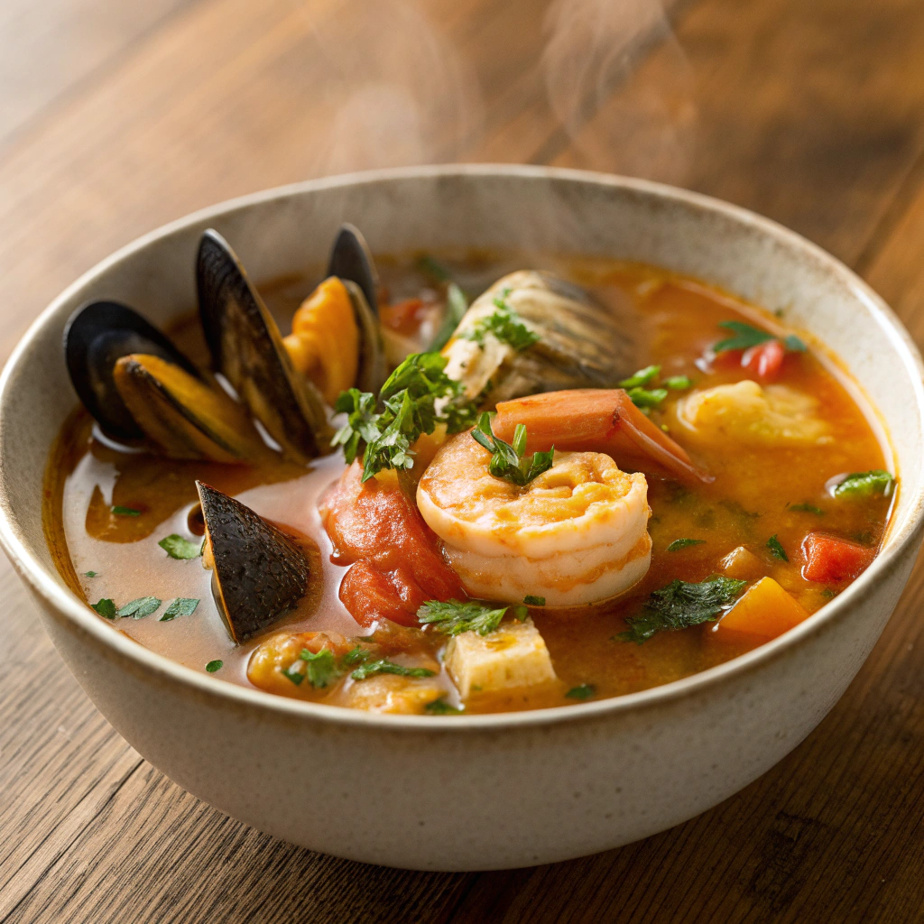 A steaming bowl of Bouillabaisse, featuring an assortment of seafood and aromatic broth garnished with herbs.Dinner French Recipes