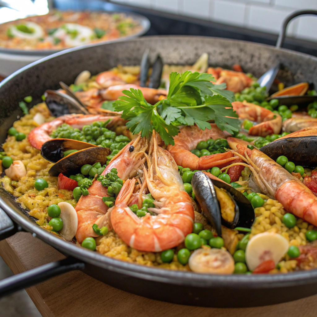A vibrant paella filled with shrimp, mussels, and green peas, garnished with fresh parsley.