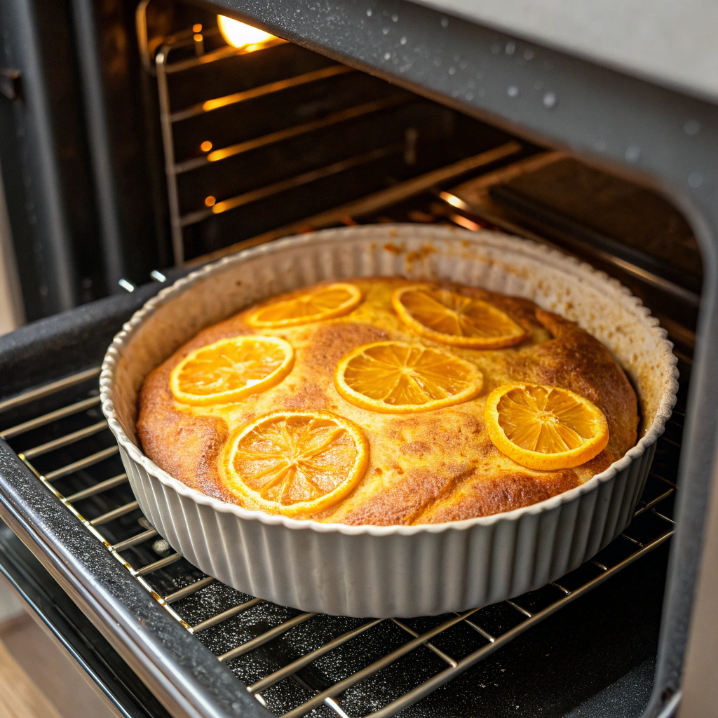 Baking Breakfast Orange Olive Oil Cake in the oven.