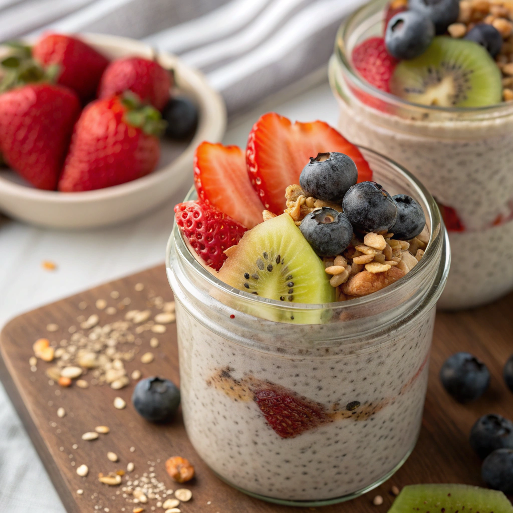 Chia pudding topped with fresh fruits and served in a glass jar.no-bake vegan treats