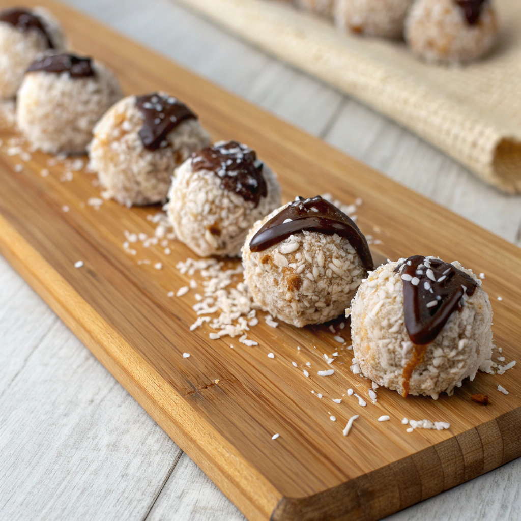 Chocolate coconut energy bites rolled in shredded coconut on a wooden board.no-bake vegan treats