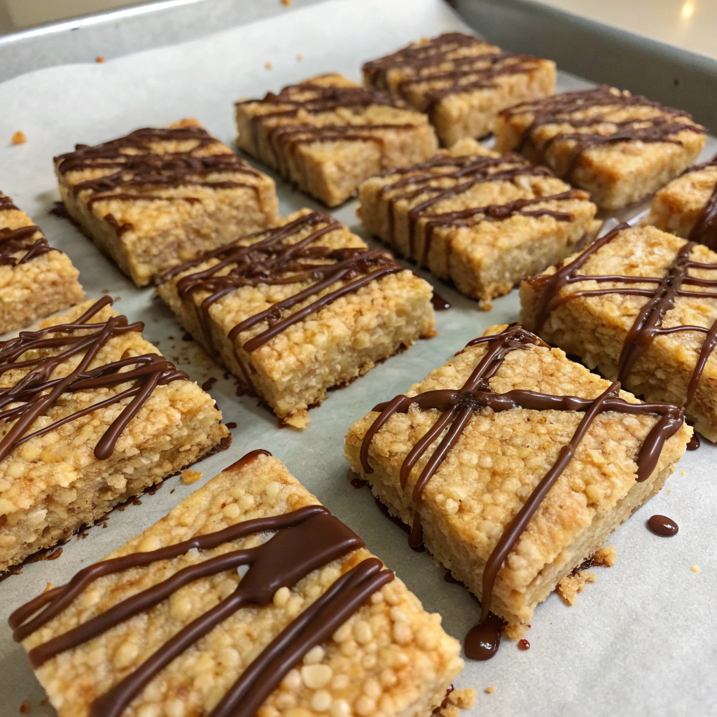 Chocolate rice crispy treats cut into squares on a baking sheet.no-bake vegan treats